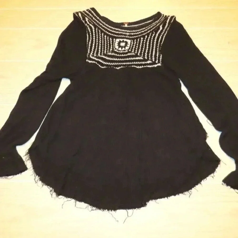Free People Soul Mate Crochet Pattern Black Waffle Knit Top Shirt Size Small